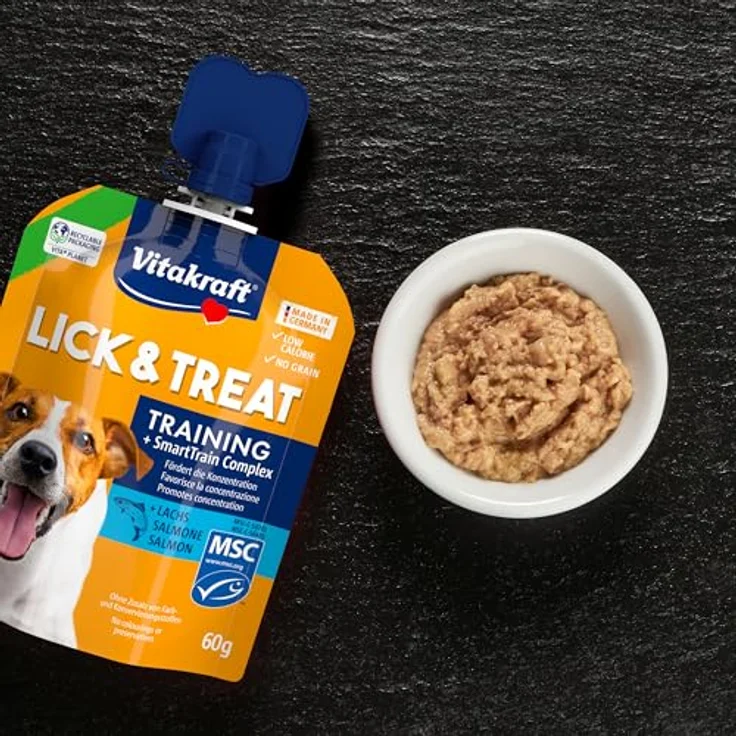 Vitakraft LickundSnack Train Lachs MSC, 60g Trainingscreme mit hochwertigem Lachs, kalorienarm, ideal für unterwegs – Bild 3
