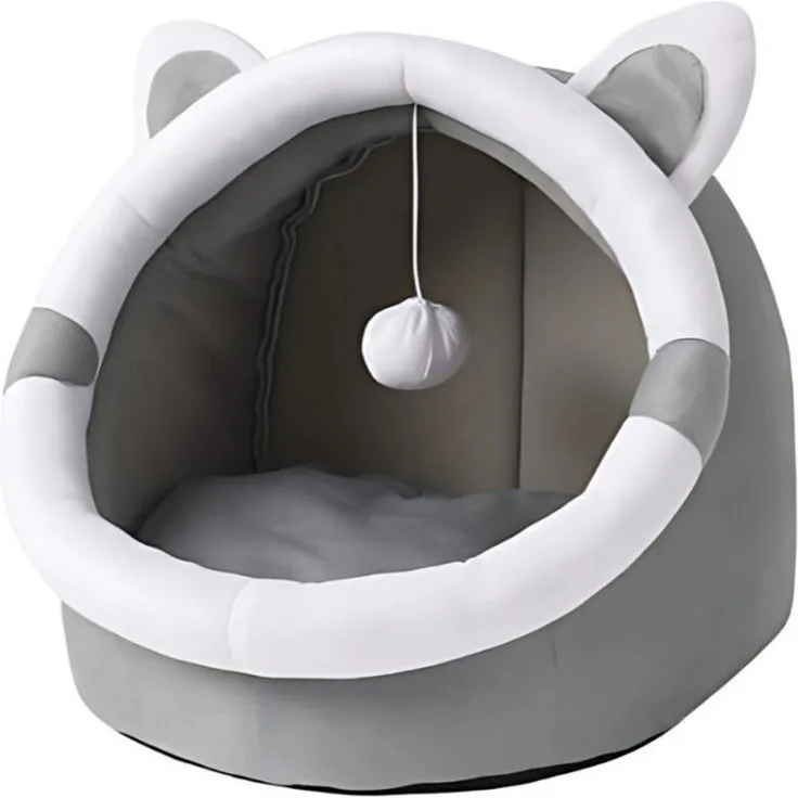 R2 Invest Katzenhaus Katzenhöhle 31 x 27 x 27 cm, grau weiß, kuschelig und leicht umstellbar für kleine Katzen und Kätzchen