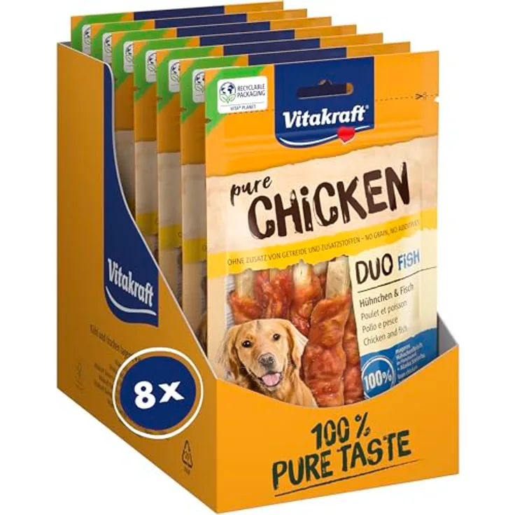 Vitakraft Pure Chicken Duo Fish, Hundeleckerli mit Hühnchen und Fisch, reich an Omega-3, ohne Zucker, 8 Beutel à 80g