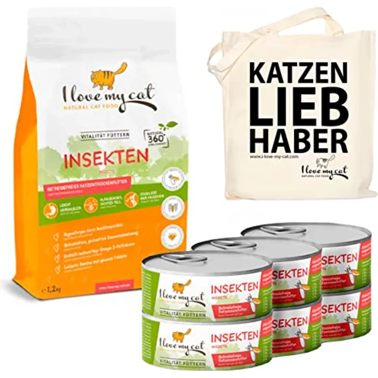 I love my cat NATURAL CAT FOOD I Love My Cat Sparset Insektenprotein, Getreidefreies Trockenfutter 1,2 kg und Nassfutter 6 x 100 g, ohne künstliche Inhaltsstoffe, 60% Insektenanteil