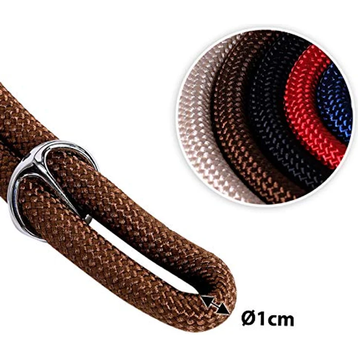 lionto Hundehalsband Nylon Zugstopp für Training, 45 cm, 1 cm dick, braun, mit Lederimitat und Metallring – Bild 4