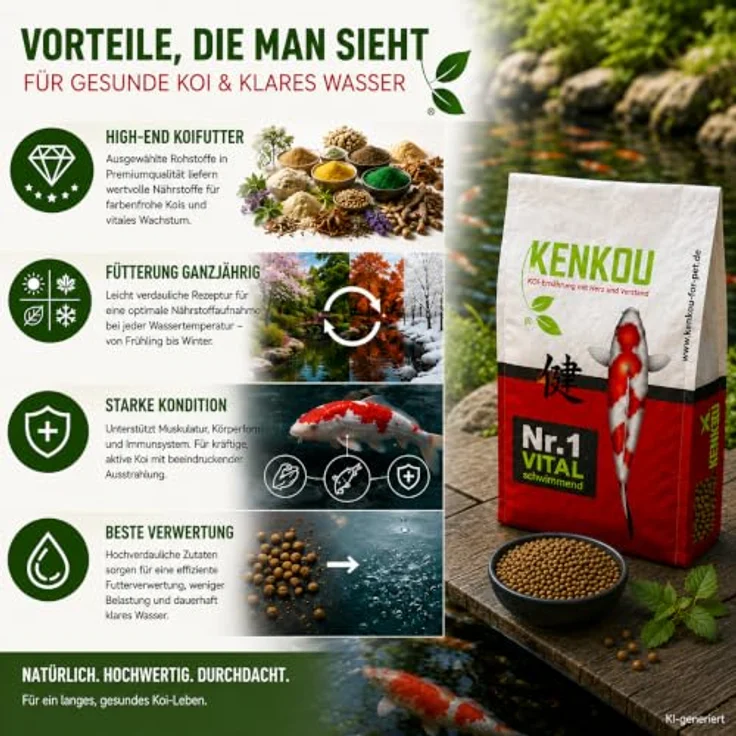 KENKOU Nr. 1 Vital, 5 kg schwimmendes Koifutter für Teichfische, 5 mm Pellets, Ganzjahresfutter mit 30% Fischmehl und Spirulina – Bild 4
