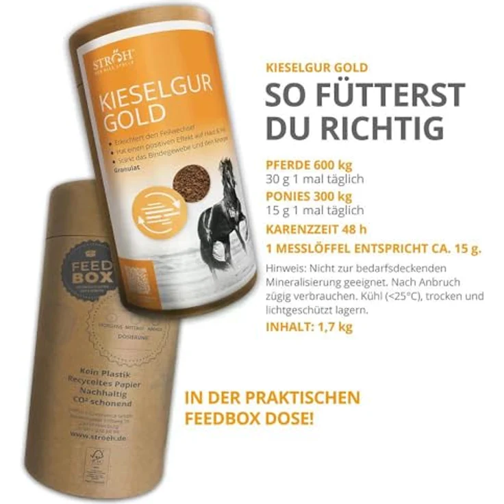 STRÖH Kieselgur Gold Pferd (1,7kg) • Mineralfutter zur Unterstützung von Stoffwechsel & Fellwachstum, reich an Silizium für gesundes Fell und Haut – Bild 4