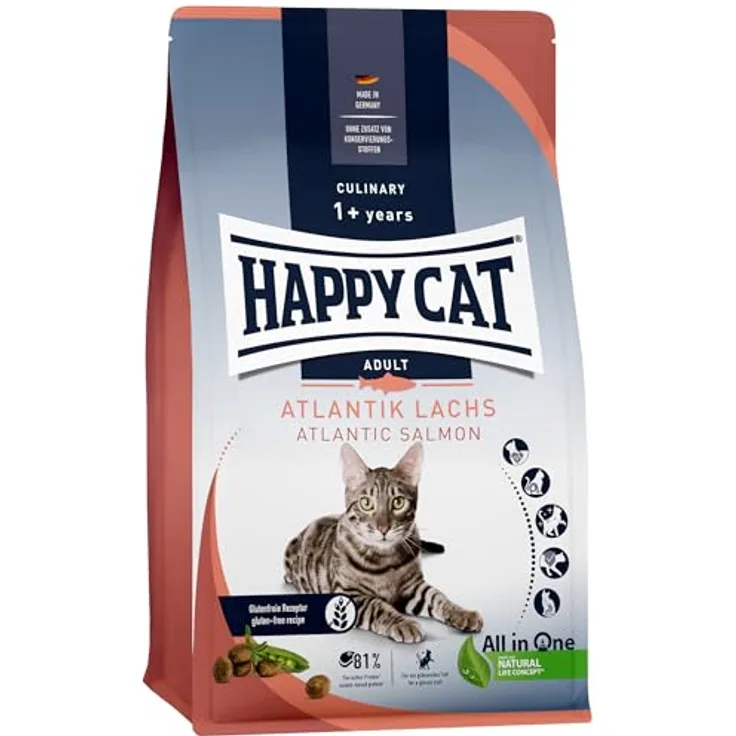 Happy Cat Culinary Adult Atlantik Lachs, Katzen-Trockenfutter für ausgewachsene Katzen, 4 kg, hochwertige Rezeptur mit Fisch und Erbsen, ohne künstliche Zusatzstoffe, made in Germany