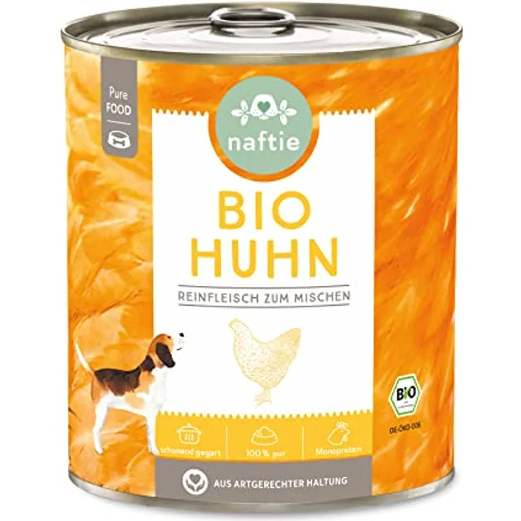 naftie Bio Hundefutter 100% Bio-Huhn, Nassfutter mit 100% Reinfleisch, glutenfrei und getreidefrei, 800g Dose