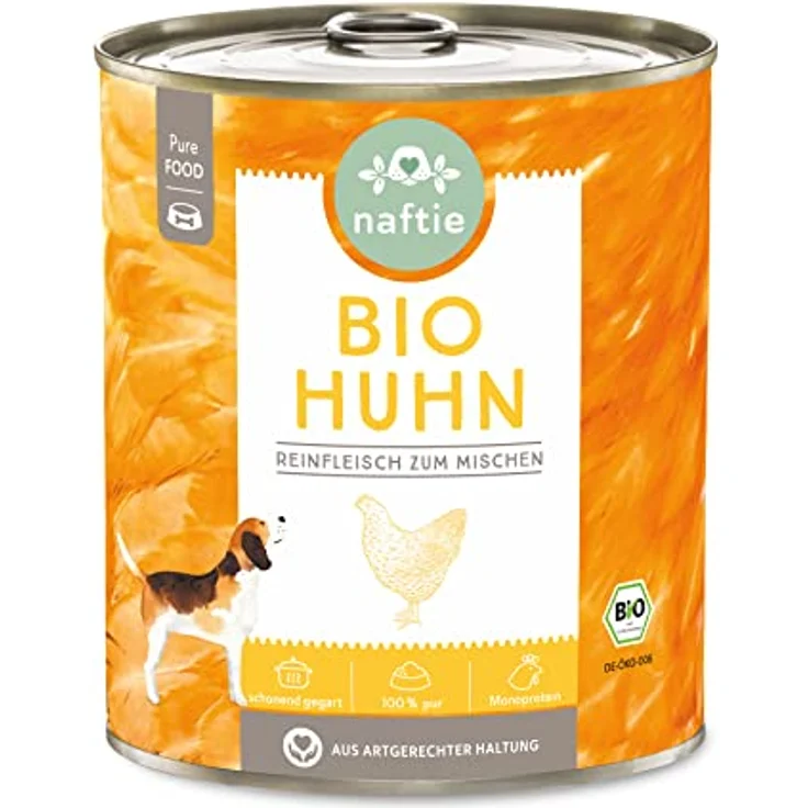 naftie Bio Hundefutter 100% Bio-Huhn, Nassfutter mit 100% Reinfleisch, glutenfrei und getreidefrei, 800g Dose – Bild 1