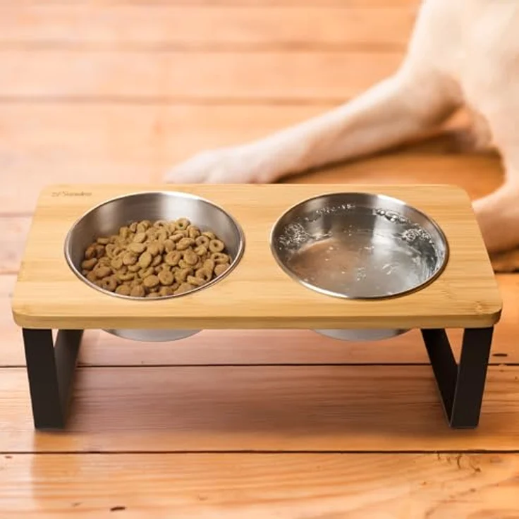 Sendez Erhöhter Doppelnapf für Katzen & Hunde, 2x 250 ml Edelstahlnäpfe mit Bambus-Ständer, rutschfest & spülmaschinengeeignet – Bild 2
