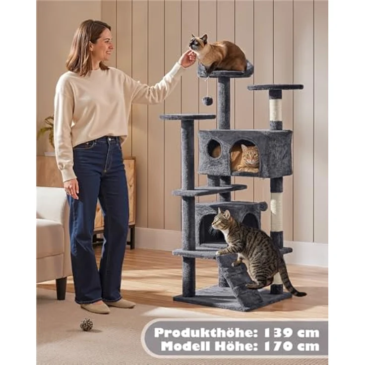 Yaheetech Kratzbaum Stabiler Katzenbaum Katzenkratzbaum Katzenmöbel, Kletterbaum für Katzen Höhe 137 cm, Dunkelgrau – Bild 4