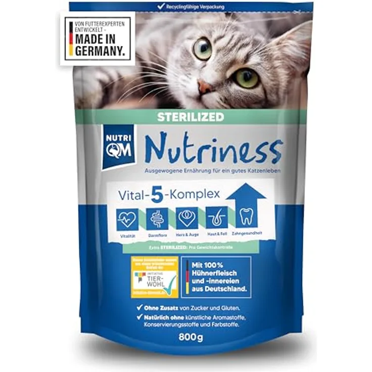NutriQM Nutriness Adult Trockenfutter Sterilized, 5×800 g – ohne Gluten & Zucker, für sterilisierte Katzen, mit 48% Huhn, Initiative Tierwohl zertifiziert, Made in Germany