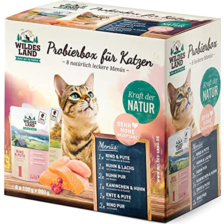 WILDES LAND 8er Pouch Probierbox, Getreidefreies Katzen-Nassfutter mit hochwertigen Proteinen, 8x100 g – Bild 2