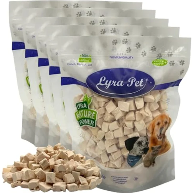 Lyra Pet® Hühnerbrustwürfel gefriergetrocknet, 1 kg (5 x 200 g) für Hunde und Katzen, fettarm, 100 % Hühnerbrustfilet – Bild 1