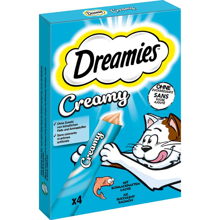 Dreamies Creamy Snacks - Sparpaket Lachs, 44 x 10 g, cremige Konsistenz, ohne Zuckerzusatz, mit Taurin