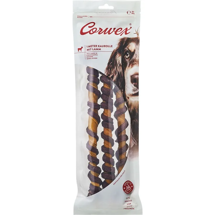 Corwex 1 Meter Kaurolle mit Lamm 300g, getreidefrei und fettarm, langanhaltender Kauspaß für Hunde
