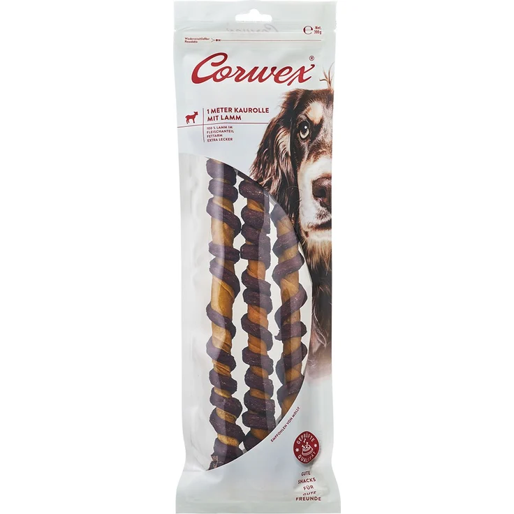 Corwex 1 Meter Kaurolle mit Lamm 300g, getreidefrei und fettarm, langanhaltender Kauspaß für Hunde