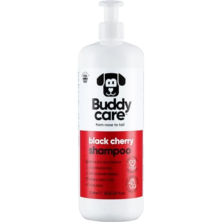 Buddycare Schwarzkirsch-Hundeshampoo, Tiefenreinigendes Shampoo mit Aloe Vera und Pro-Vitamin B5, fruchtiger Duft, 1L – Bild 1