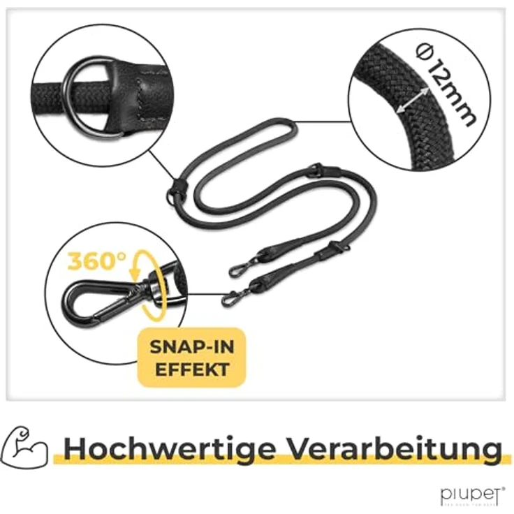 PiuPet® Hundeleine 2m, 3-fach längenverstellbar für große & kleine Hunde, schwarz, aus Baumwoll-Polyester mit robusten Karabinerhaken – Bild 3