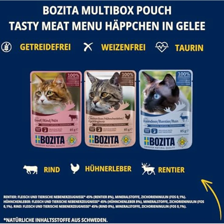 Bozita Nassfutter Häppchen in Gelee mit Fleisch, getreidefreies & weizenfreies Katzennassfutter für erwachsene Katzen, 12x85g, 8,5% Protein, 4,5% Fettgehalt – Bild 4