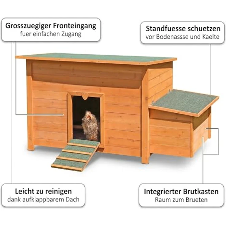 Mucola XXL Hühnerstall, Hühnernest aus Holz mit aufklappbarem Dach, Natur/Braun, inkl. 2 Nistplätze und integrierter Belüftung – Bild 5