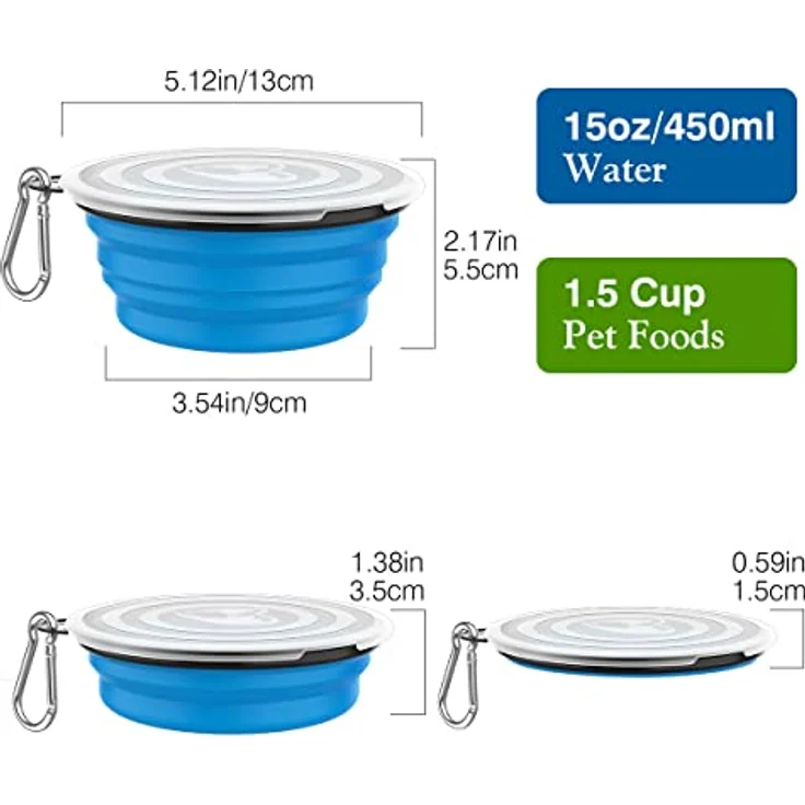Pawaboo Faltbarer Hundenapf, 2 Stück, 450ml, auslaufsicher mit Deckel und Karabiner, tragbar für Hunde und Katzen, Blau + Grün – Bild 4