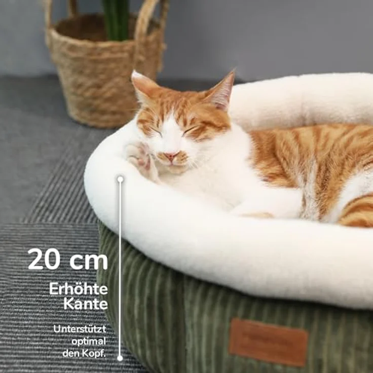 FUKUMARU Katzenbett waschbar, 48x48x20cm Katzenkorb mit erhöhtem Rand, weiches Plüsch mit Rippenmuster, grün – Bild 4