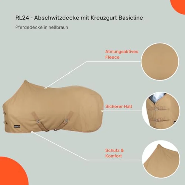 RL24 Abschwitzdecke mit Kreuzgurt BASICLINE, atmungsaktiv und schnelltrocknend, Hellbraun, 65cm – Bild 2