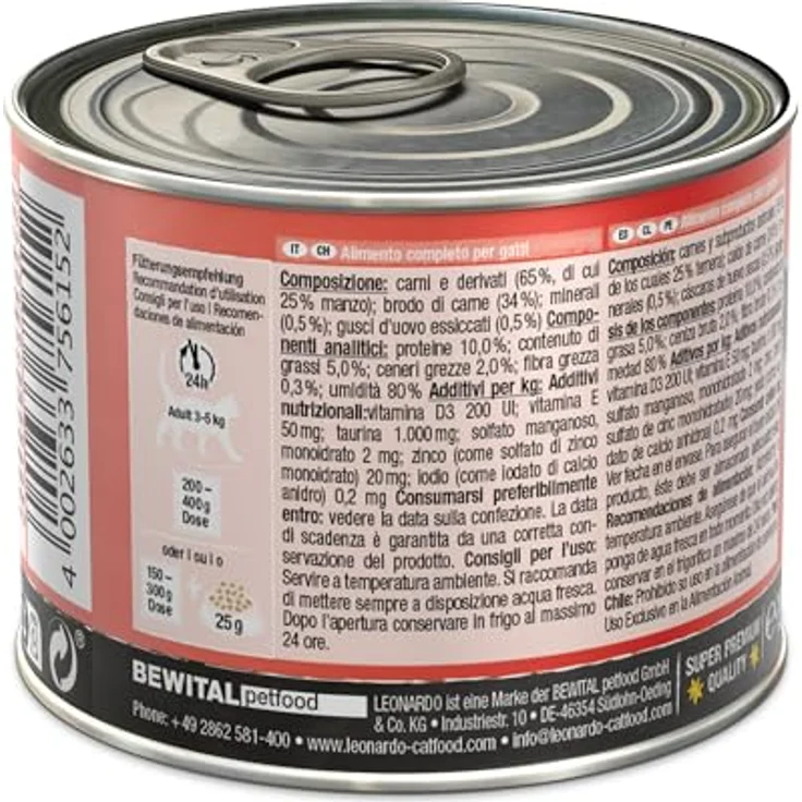 LEONARDO Nassfutter Rind, getreidefreies Feuchtfutter für Katzen, 6x200g, Alleinfutter aus der Dose – Bild 3