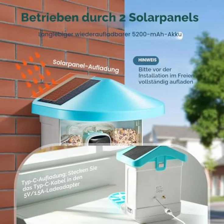VEVOR Vogelfutterhaus mit 2K HD Kamera, KI Vogelerkennung für über 10.000 Vogelarten, solarbetrieben mit automatischer Aufnahme und Benachrichtigung, 2 Solarmodule – Bild 4