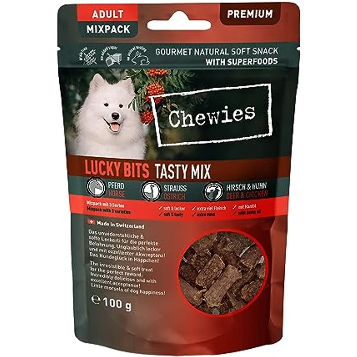 Chewies Lucky Bits Tasty Hundeleckerli Mix Adult, getreidefrei & soft, mit viel Protein und Superfoods, 100 g – Bild 1