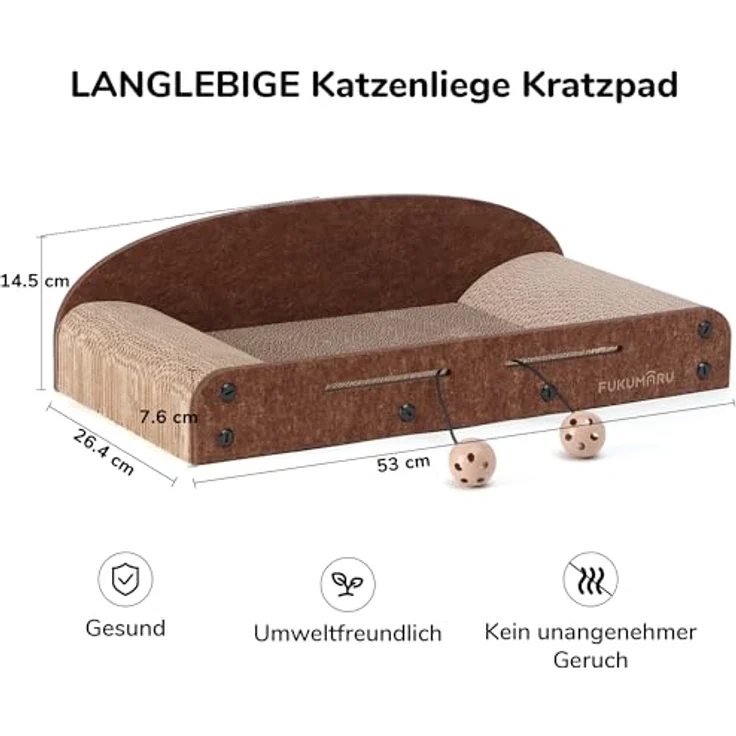 FUKUMARU 53.3 cm Katzenkratzer Karton, Langlebiges Kratzbett mit Glockenball Spielzeug, Recycelbare Katzenkratzpads für Indoor Katzen – Bild 4