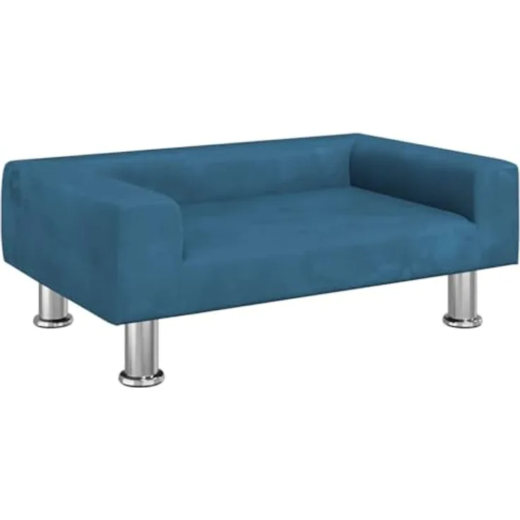 vidaXL Hundekorb Hundebett Blau 70x45x26,5 cm Samt Körbchen Hundesofa mit massivem Kiefernholzrahmen und verchromten Stahlfüßen