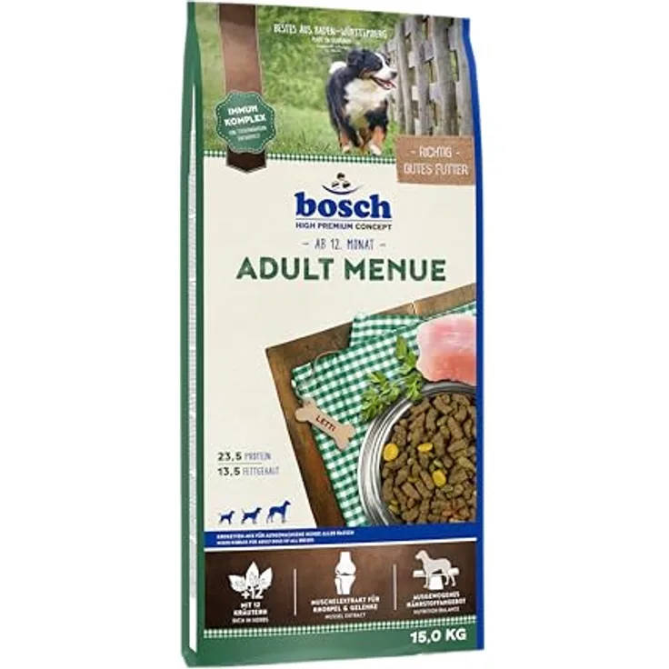 Bosch Adult Menue, Hundefutter 15 kg mit 23,5 % Protein, 12 Kräutern und Muschelextrakten für Gelenke