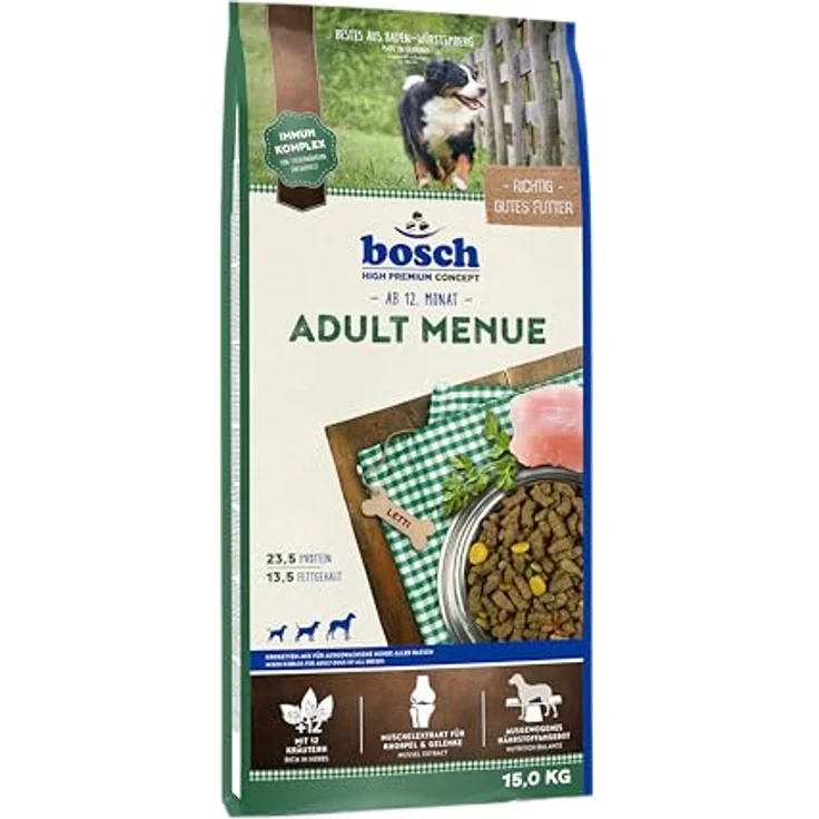 Bosch Adult Menue, Hundefutter 15 kg mit 23,5 % Protein, 12 Kräutern und Muschelextrakten für Gelenke – Bild 1