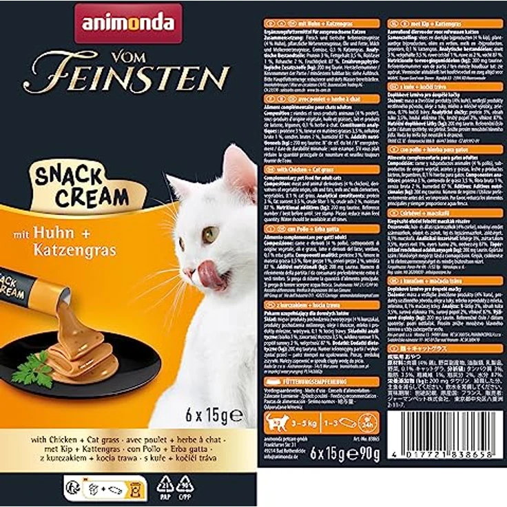 animonda vom Feinsten Snack Cream Huhn mit Katzengras, Cremige Katzensnacks im 6x15g Pack – Bild 3
