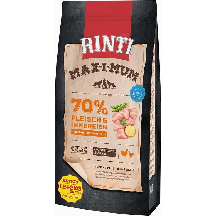 Rinti Max-i-Mum Huhn, Hunde-Trockenfutter für aktive Hunde, 12kg + 2kg gratis