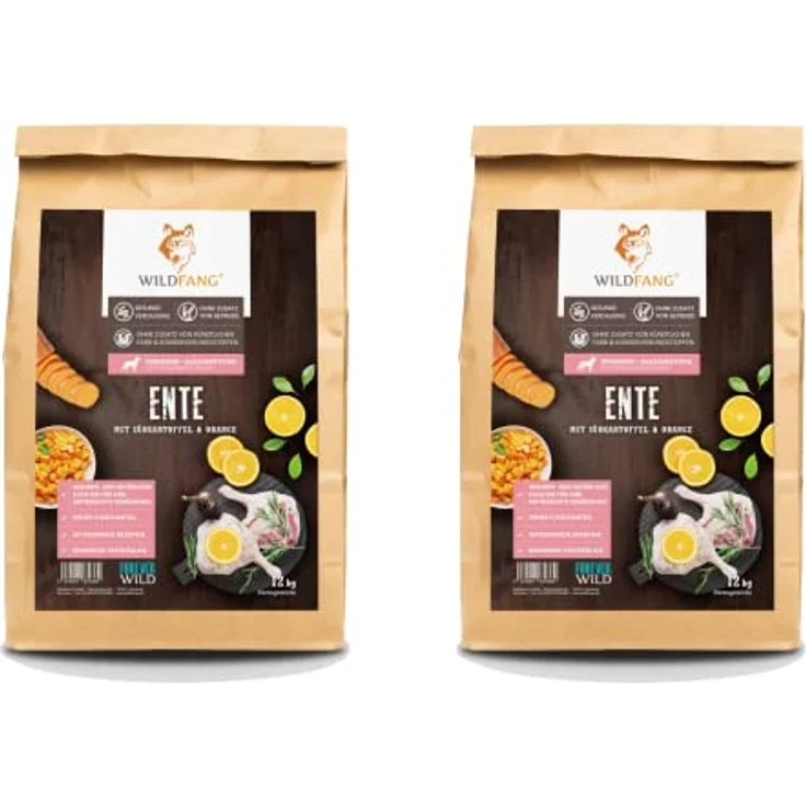 Wildfang® Hundefutter Premium Trockenfutter, getreidefrei, 50% Ente, 2x2 kg, mit Süßkartoffel und Orange – Bild 1