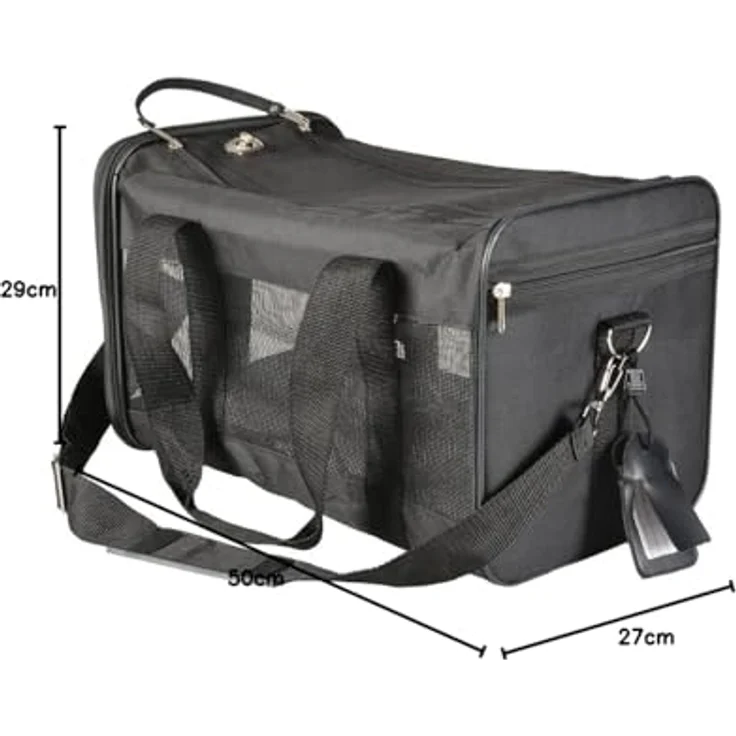 DUVO+ Tiertransporttasche Nylon schwarz, leichte Reisetasche mit stabiler Bodenplatte, Schultergurt und Belüftungsöffnungen für Katzen – Bild 2