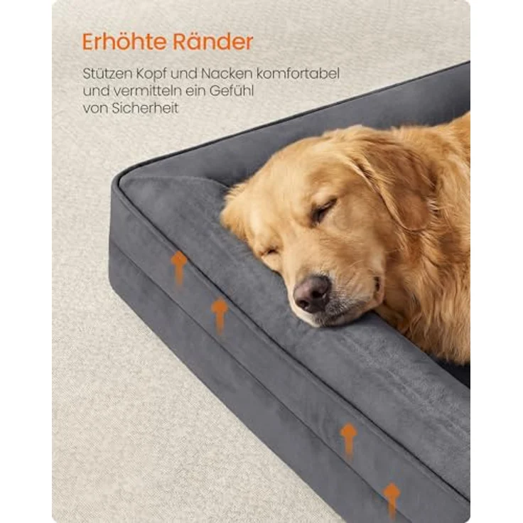 Feandrea Orthopädisches Hundebett XXL, erhöhter U-förmiger Rand aus Noppenschaumstoff, abnehmbarer und waschbarer Bezug, rutschfest, wasserabweisendes Innenfutter, schiefergrau, 112 x 81 x 17 cm PGW324GN01 – Bild 4