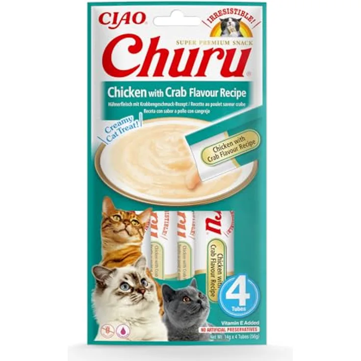 INABA Churu Puree Katzenleckerlis, Cremiger Snack mit Huhn & Krabben, 56 g – Getreidefrei & ohne Konservierungsstoffe, Premium Qualität