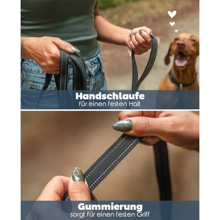lionto Schleppleine für Hunde, 5 m, gummierte Leine mit Handschlaufe, 360° Metallkarabiner mit Sicherheitsverschluss, reflektierende, wetterfeste Nylonleine, schwarz – Bild 4