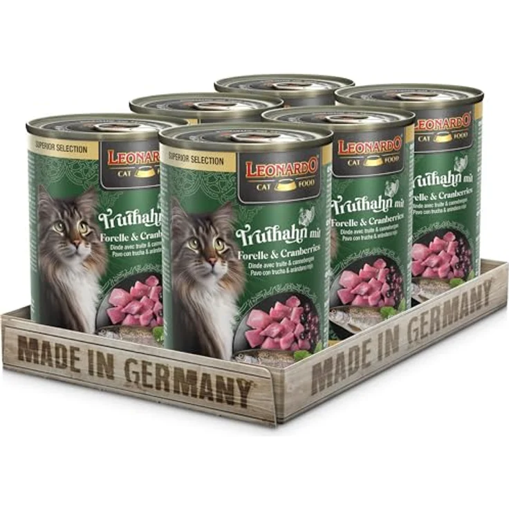 LEONARDO Katzen Nassfutter Superior Selection Truthahn mit Forelle & Cranberries, 6x400g Dose, getreidefrei, ohne Zucker, für ausgewachsene Katzen, Made in Germany – Bild 1