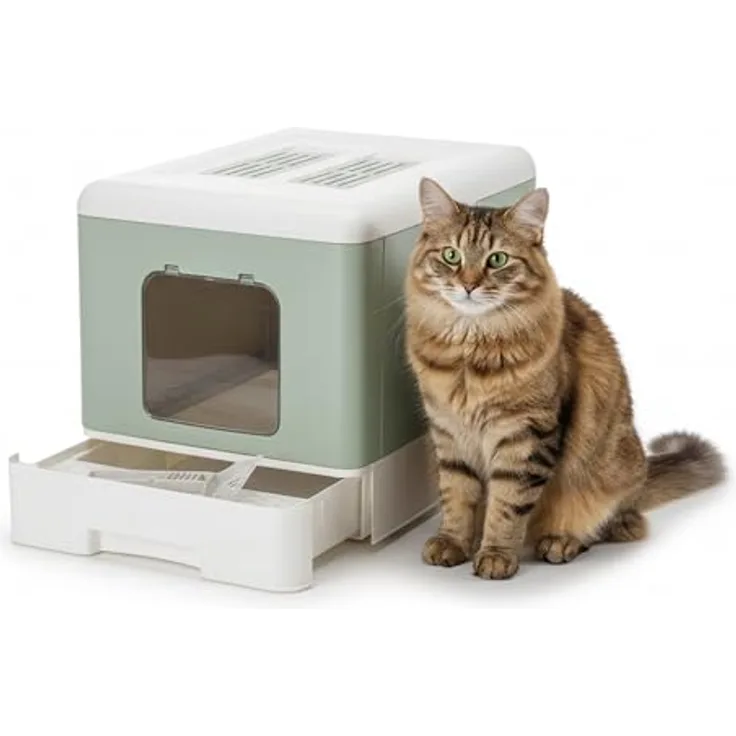 Ferplast Katzentoilette mit Schublade, Katzenklo mit Deckel, Aktivkohlefilter, inklusive Schaufel und Bürste, Pfotenreinigungsgitter, L 39 x T 52 x H 40 cm, Grün