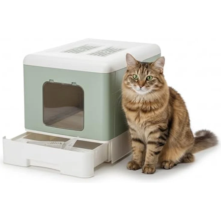 Ferplast Katzentoilette mit Schublade, Katzenklo mit Deckel, Aktivkohlefilter, inklusive Schaufel und Bürste, Pfotenreinigungsgitter, L 39 x T 52 x H 40 cm, Grün – Bild 1