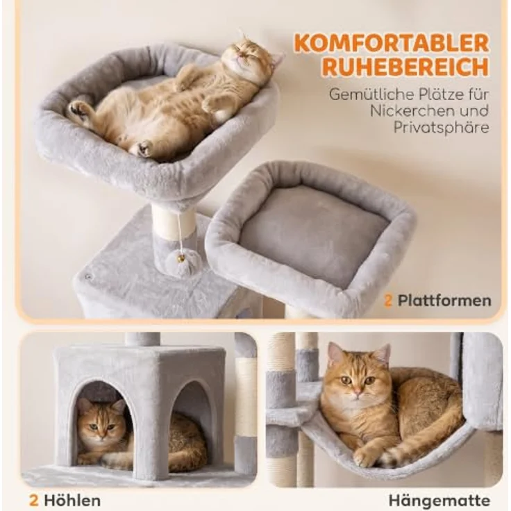 PawHut Kratzbaum 204 cm, mehrstöckig mit 2 Höhlen, Leiter, stabil, hellgrau – Bild 4