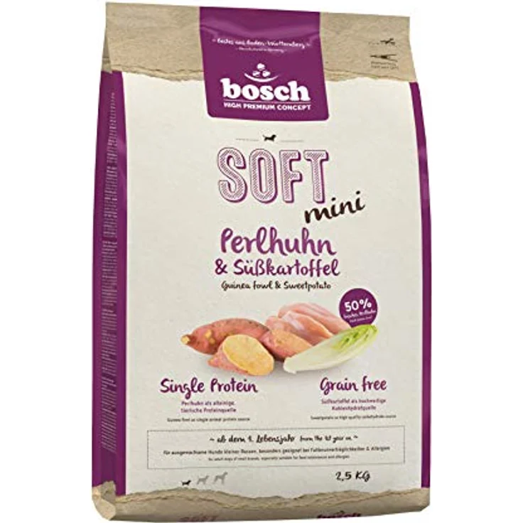 Bosch SOFT Mini Perlhuhn & Süßkartoffel, getreidefreies Hundefutter für ernährungssensible Hunde, 2,5 kg – Bild 1