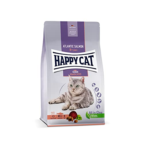 Happy Cat 70610 Senior Atlantik Lachs, Katzen-Trockenfutter für Katzensenioren ab 8 Jahren, 300 g, leicht verdauliche Rezeptur ohne künstliche Zusatzstoffe