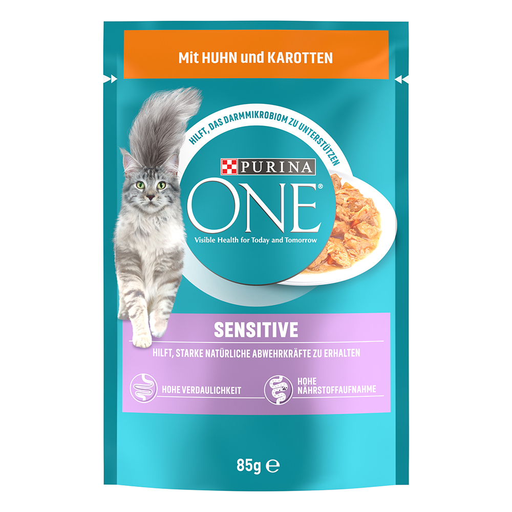 PURINA ONE Sensitive, Nassfutter für Katzen mit Huhn & Karotte, Sparpaket (52 x 85 g)