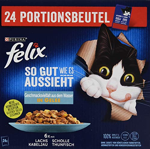 Purina FELIX Katzennassfutter So gut wie es aussieht in Gelee, Geschmacksvielfalt aus Wasser, 1er Pack (24 x 85g) Portionsbeutel