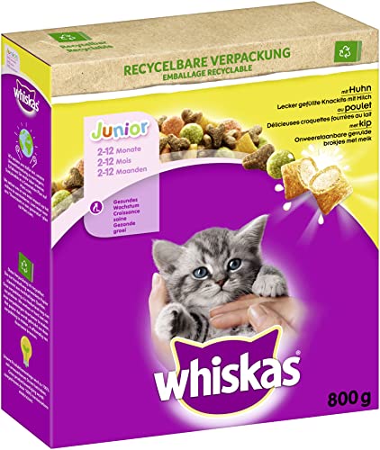 WHISKAS® Trockenfutter Junior mit Huhn, 800g - Mit gefüllten Knackits und Nährstoffen für gesunde Entwicklung