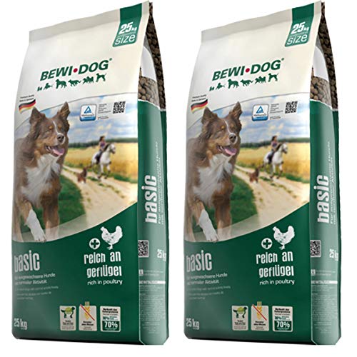 Bewi Dog Basic Allroundfutter, Hundefutter für ausgewachsene normal aktive Hunde, 2 x 25 kg, Trockenfutter ohne Weizen und Soja, mit viel Geflügel, ohne künstliche Zusätze, optimiertes Nährstoffverhältnis