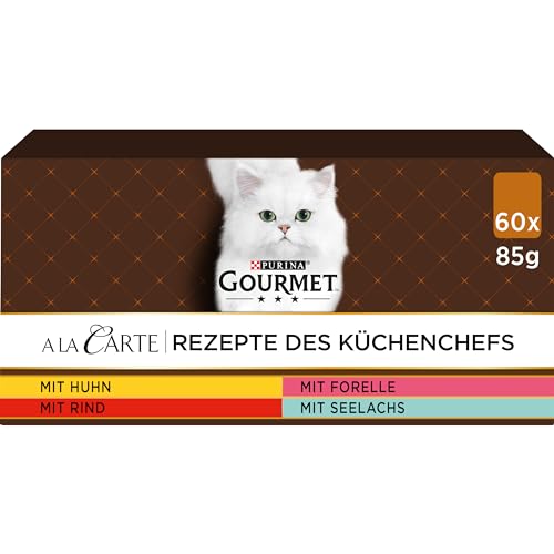 Gourmet A la Carte Katzenfutter nass, Sorten-Mix mit Huhn, Rind, Forelle und Seelachs, 60er Pack (60 x 85g), ohne künstliche Zusatzstoffe